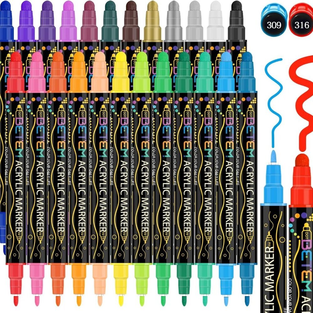 24 Colors Dual Tip Acrylic Paint Pens Markers, Premium Acrylic Paint Pens for Ha